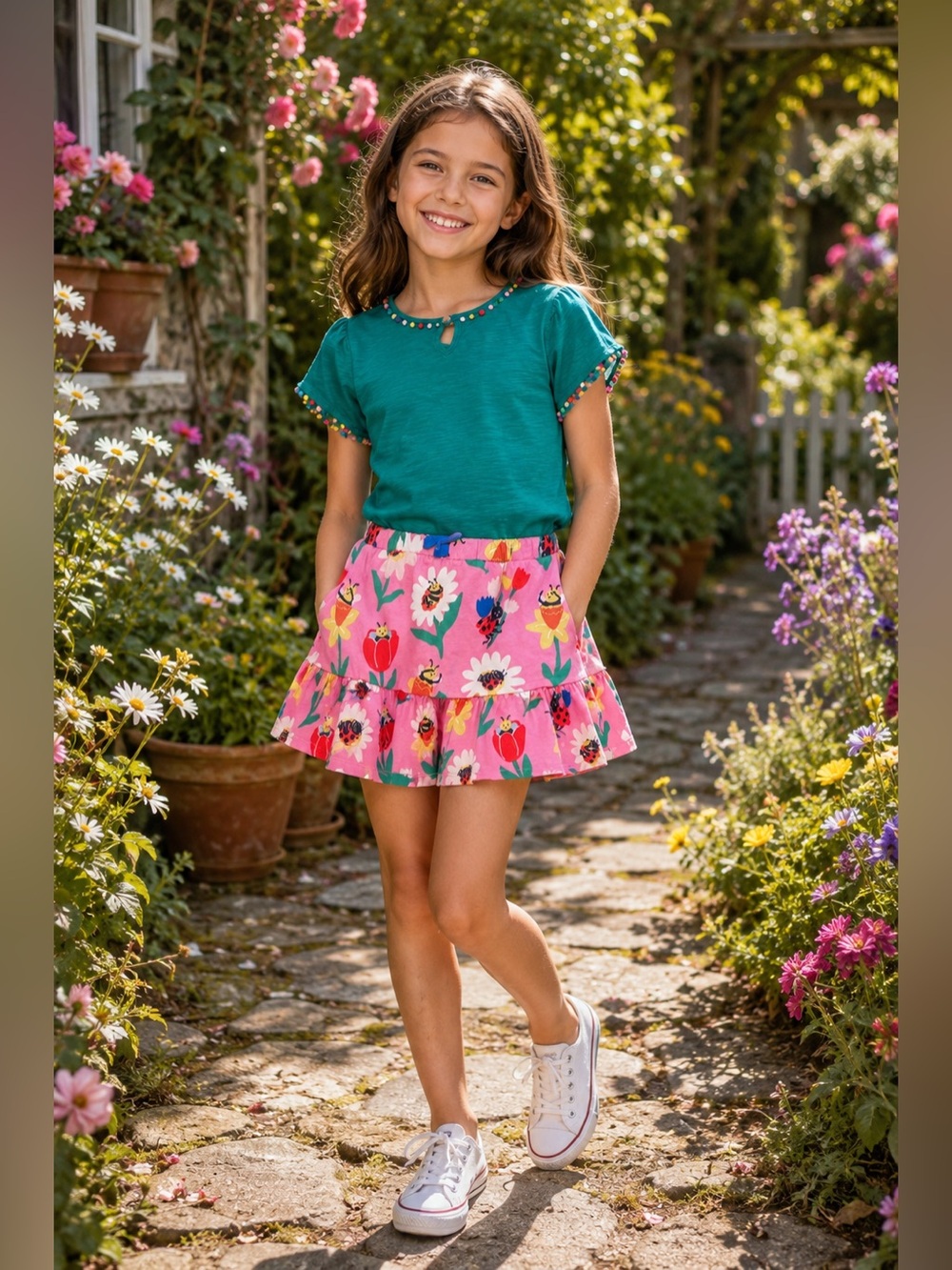 Mini Boden Girls Floral Bug Skort Set Outfit 7-8Y Ladybug Bee